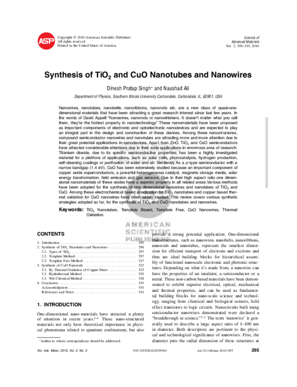 (PDF) Synthesis of TiO2 and CuO Nanotubes and Nanowires