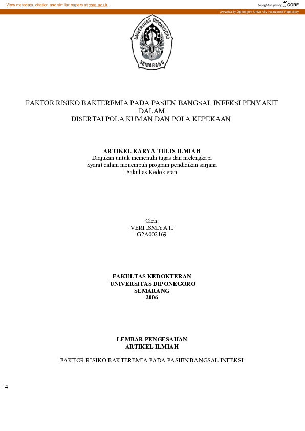 (PDF) Faktor Risiko Bakteremia Pada Pasien Bangsal Infeksi Penyakit ...