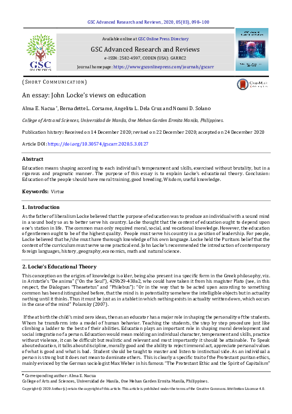 (PDF) An essay John Locke’s views on education Angelita Dela Cruz