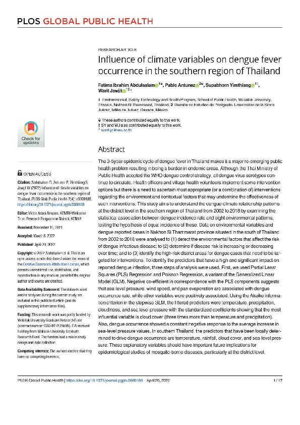 (PDF) Influence of climate variables on dengue fever occurrence in the ...