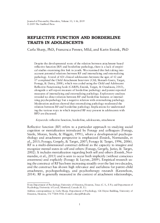 (PDF) Reflective Function and Borderline Traits in Adolescents