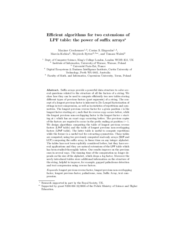 (PDF) Efficient algorithms for two extensions of LPF table: The power ...