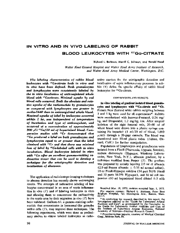 (PDF) In vitro and in vivo labeling of rabbit blood leukocytes with ...