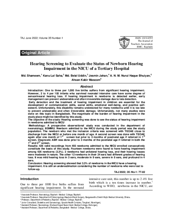 (PDF) Hearing Screening to Evaluate the Status of Newborn Hearing ...