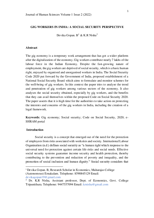 (PDF) GIG WORKERS IN INDIA: A SOCIAL SECURITY PERSPECTIVE