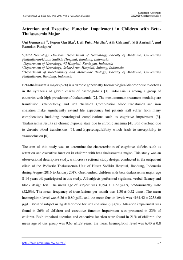 (PDF) Attention and Executive Function Impairment in Children with Beta ...