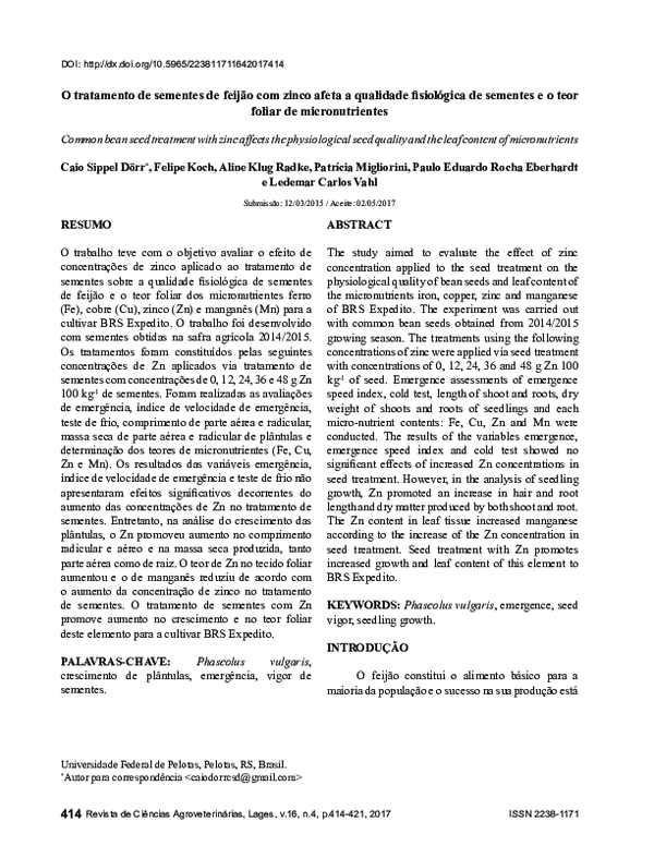 Qualidade fisiológica de sementes de feijão tratadas com zinco