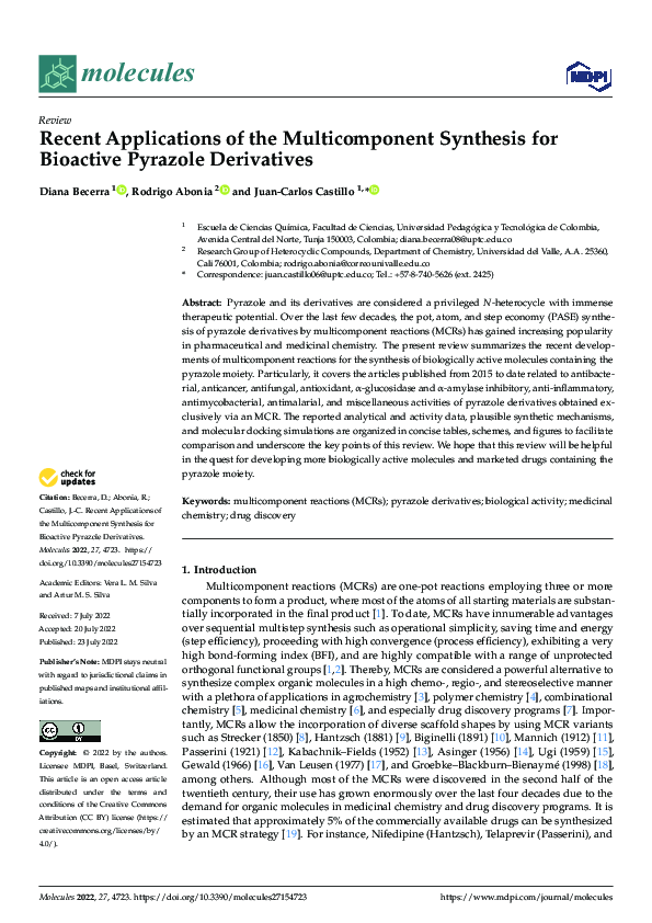(PDF) Recent Applications of the Multicomponent Synthesis for Bioactive ...