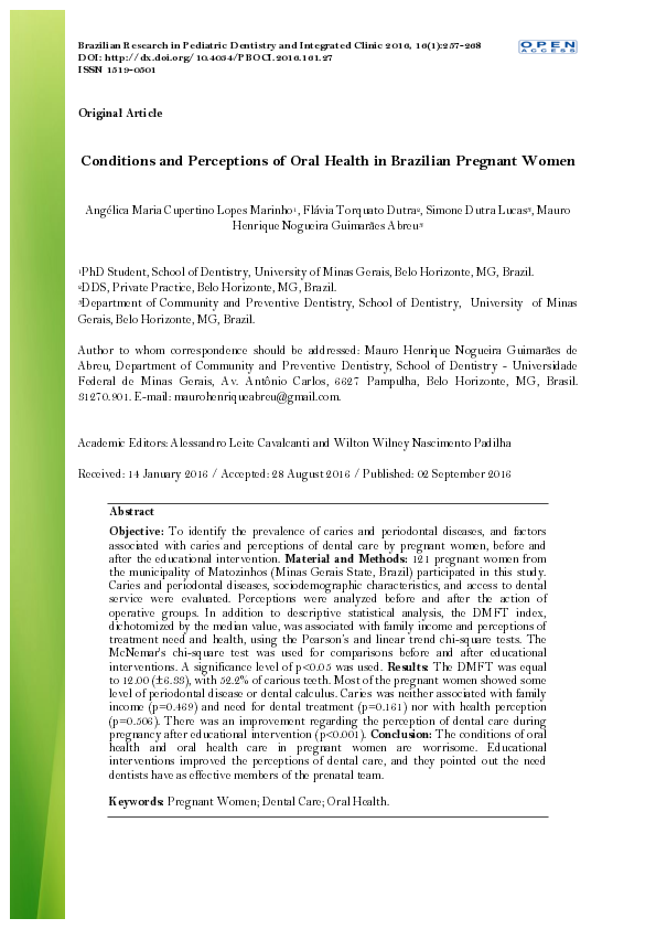 (PDF) Conditions and Perceptions of Oral Health in Brazilian Pregnant Women