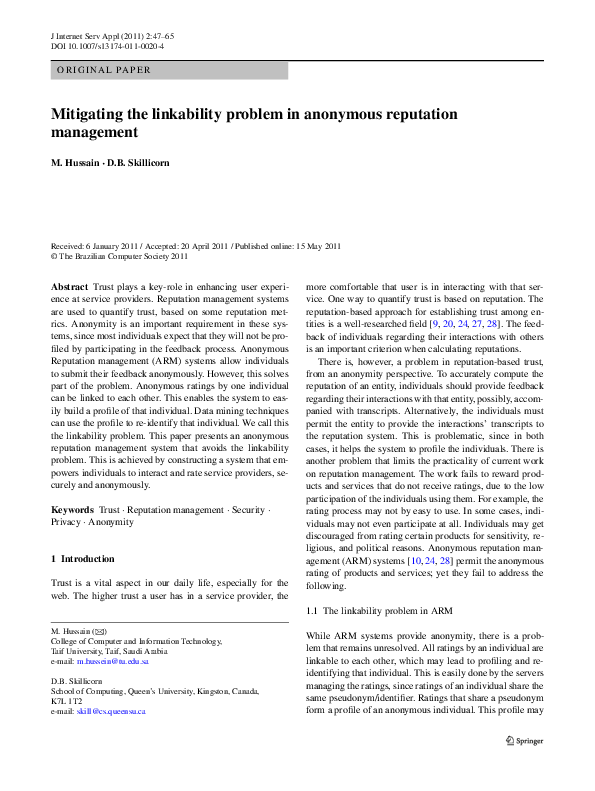 (PDF) Mitigating the linkability problem in anonymous reputation ...