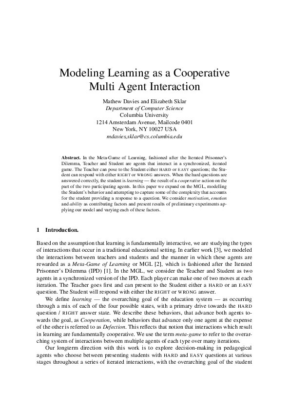 (PDF) Modeling Learning As a Cooperative Multi Agent Interaction