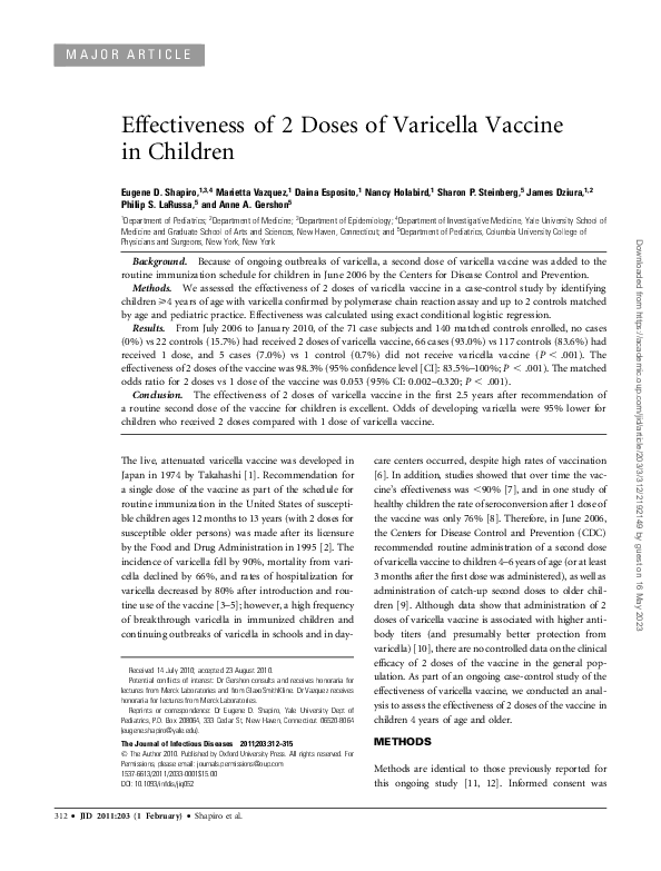 (PDF) Effectiveness of 2 Doses of Varicella Vaccine in Children
