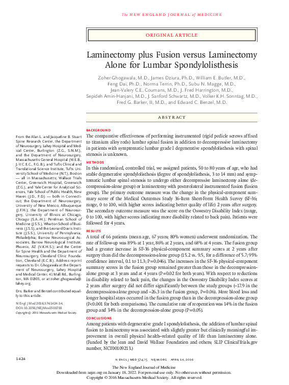 (PDF) Laminectomy plus Fusion versus Laminectomy Alone for Lumbar ...