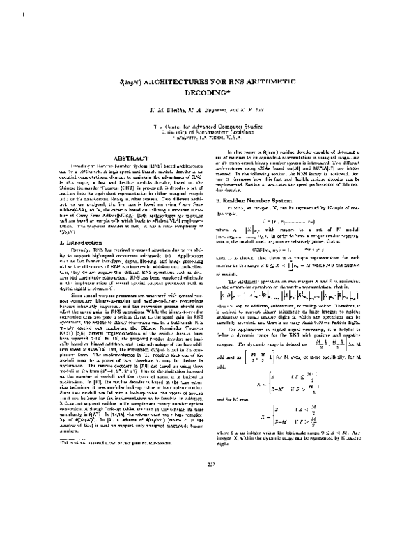 (PDF) theta (logN) architectures for RNS arithmetic decoding