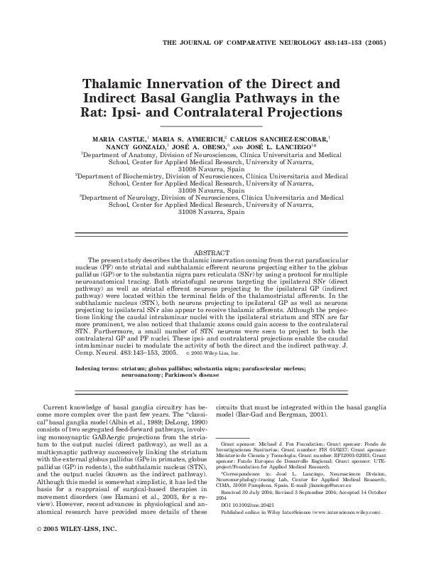 (PDF) Thalamic innervation of the direct and indirect basal ganglia ...