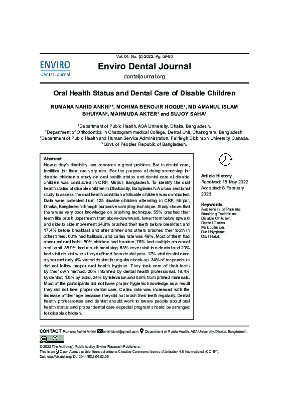(PDF) Oral Health Status and Dental Care of Disable Children