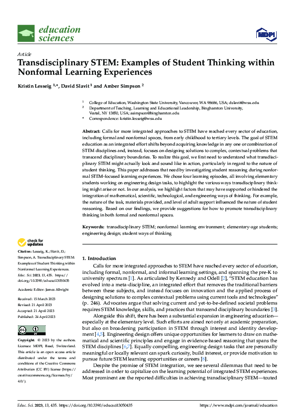 (PDF) Transdisciplinary STEM: Examples of Student Thinking within ...