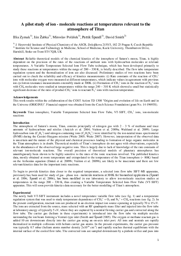 (PDF) A Pilot Study of Ion - Molecule Reactions at Temperatures ...