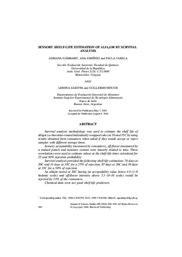 (PDF) Sensory ShelfLife Estimation of Alfajor by Survival Analysis Ana Gimenez Academia.edu