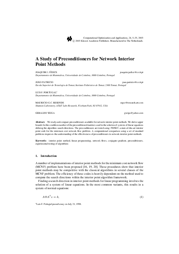 (PDF) A study of preconditioners for network interior point methods