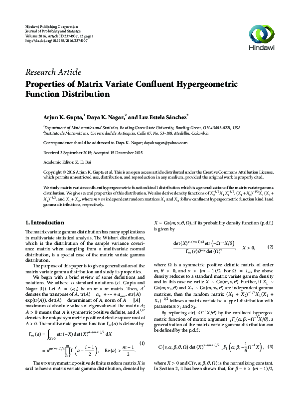 (PDF) Properties of Matrix Variate Confluent Hypergeometric Function ...