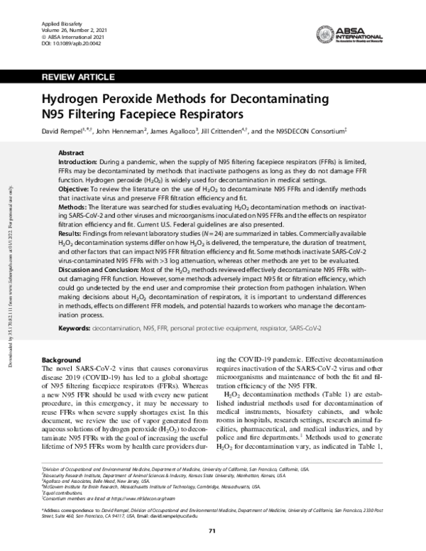 (PDF) Hydrogen Peroxide Methods for Decontaminating N95 Filtering ...