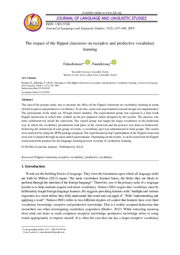 (PDF) The impact of the flipped classroom on receptive and productive ...