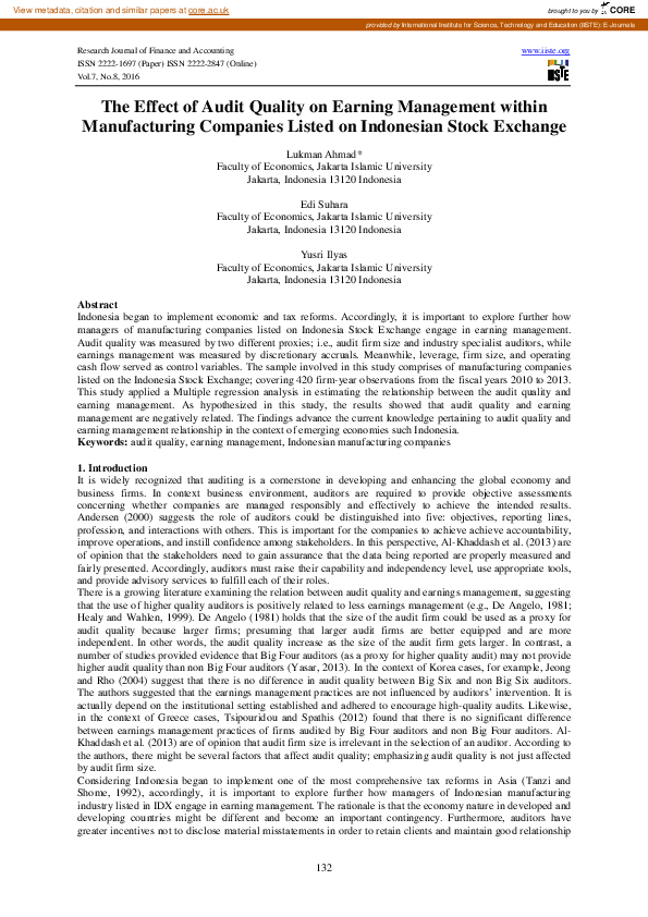 (PDF) The Effect of Audit Quality on Earning Management within ...