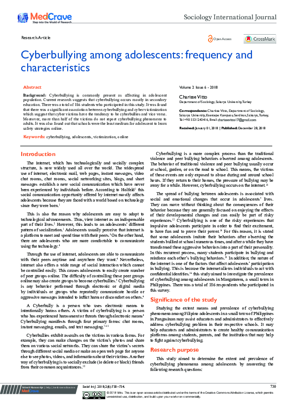(PDF) Cyberbullying among adolescents: frequency and characteristics