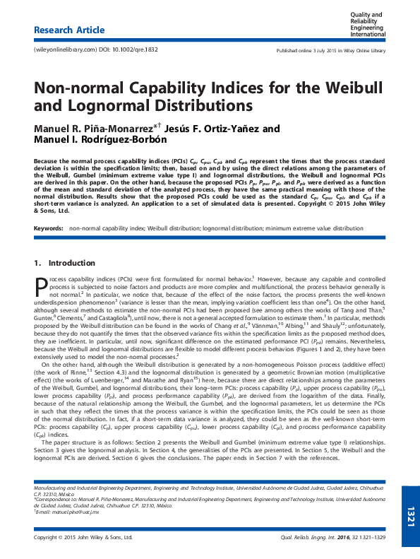 (PDF) Non-normal Capability Indices for the Weibull and Lognormal ...