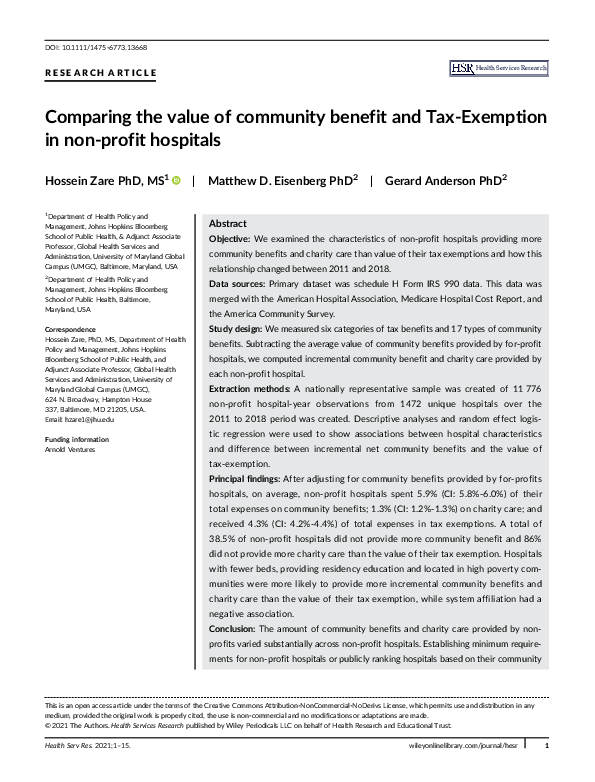 (PDF) Comparing the value of community benefit and Tax‐Exemption in non ...