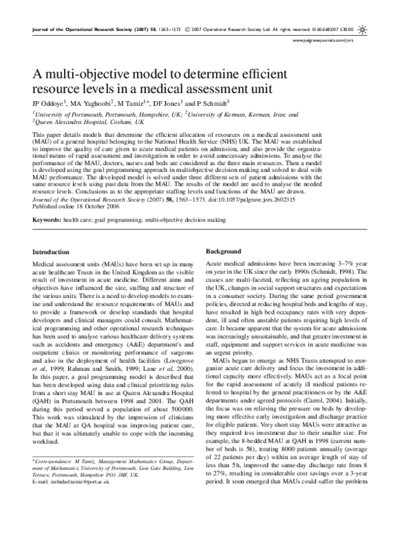 (PDF) A multi-objective model to determine efficient resource levels in ...