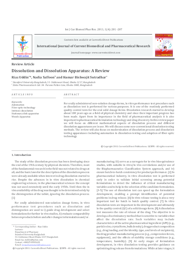(PDF) Dissolution and Dissolution Apparatus: A Review
