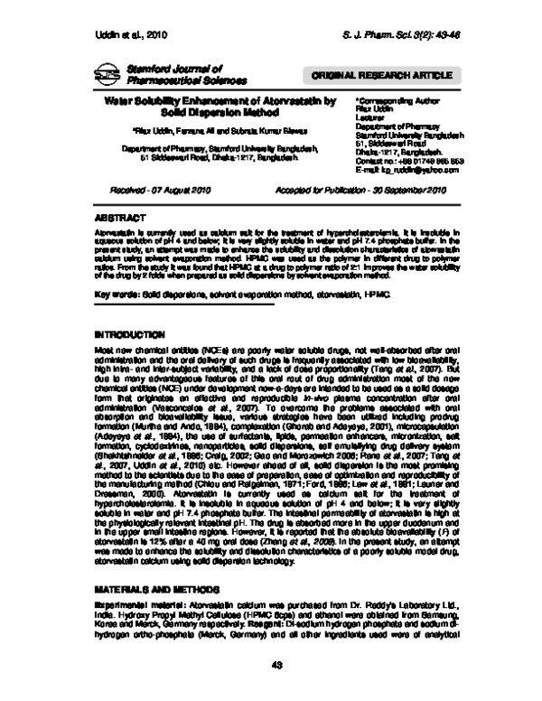 (PDF) Water Solubility Enhancement of Atorvastatin by Solid Dispersion ...