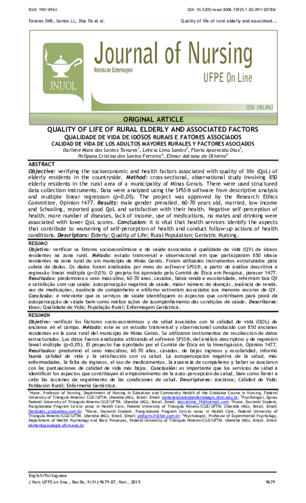 (PDF) Quality of life of rural elderly and associated factors