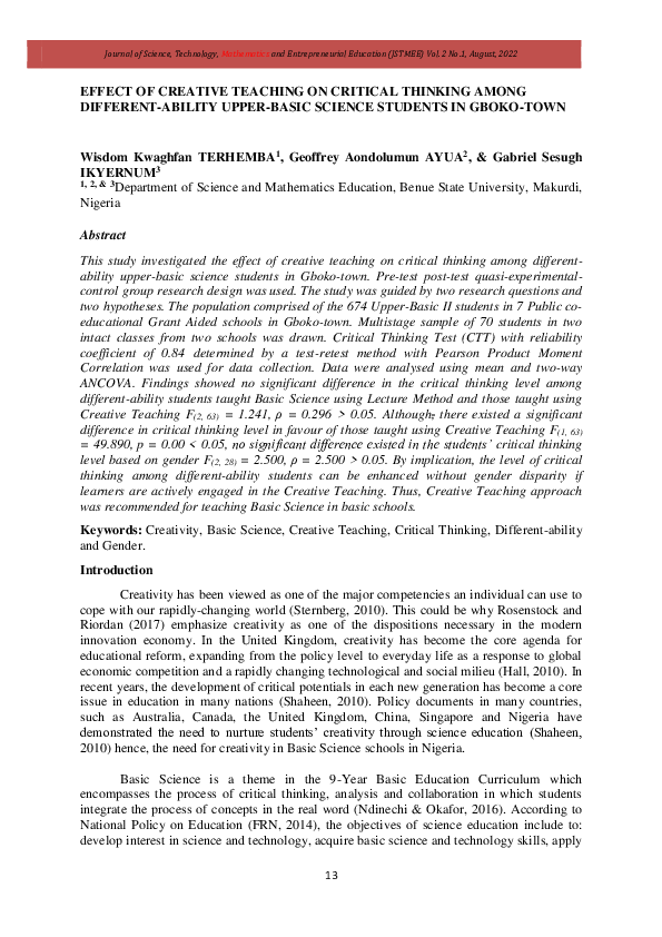(PDF) EFFECT OF CREATIVE TEACHING ON CRITICAL THINKING AMONG DIFFERENT ...
