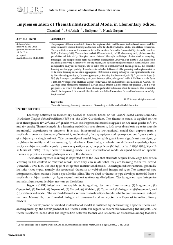 (PDF) Implementation of Thematic Instructional Model in Elementary School