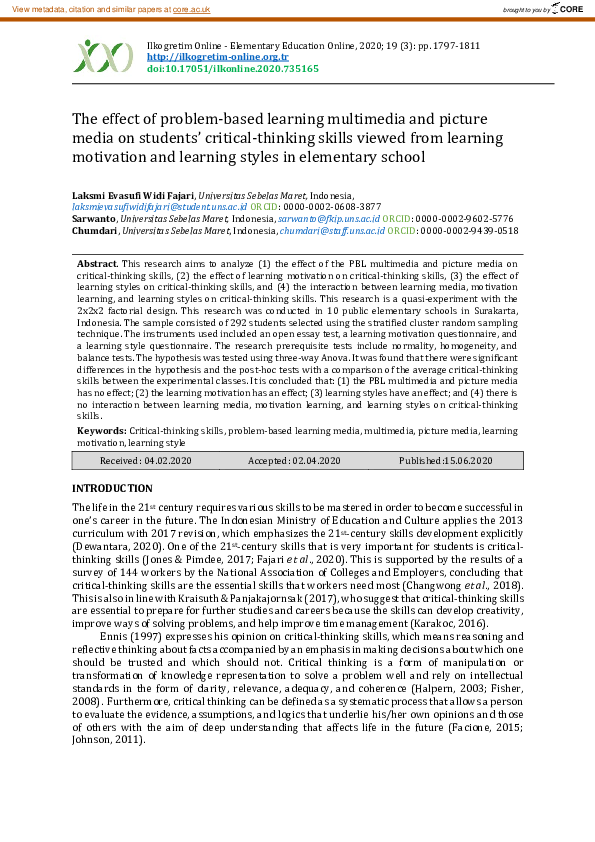 (PDF) The effect of problem-based learning multimedia and picture media ...