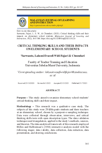 (PDF) Critical Thinking Skills and Their Impacts on Elementary School ...