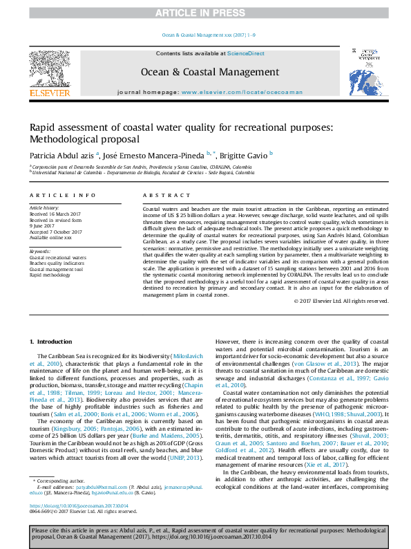 Pdf Rapid Assessment Of Coastal Water Quality For Recreational
