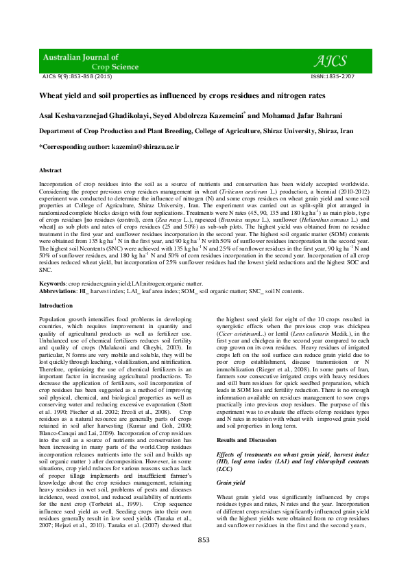 (PDF) Wheat yield and soil properties as influenced by crop residues ...