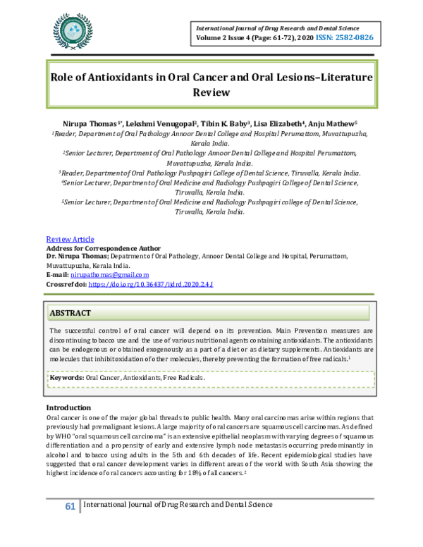 (PDF) Role of Antioxidants in Oral Cancer and Oral Lesions–Literature ...