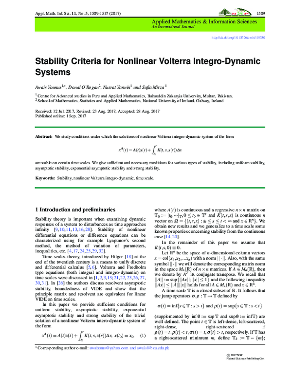 (PDF) Stability Criteria for Nonlinear Volterra Integro-Dynamic Systems