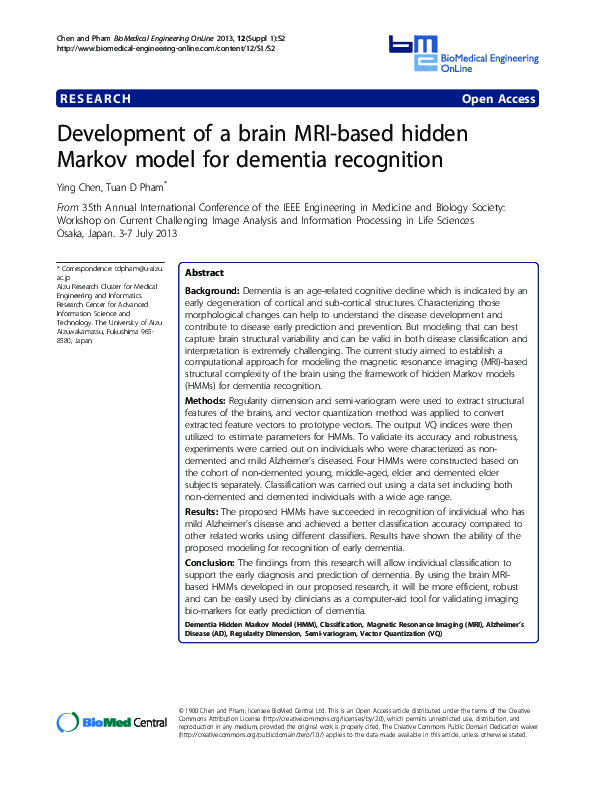 (PDF) Development of a brain MRI-based hidden Markov model for dementia ...