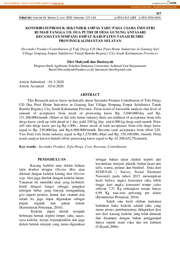 (PDF) Kontribusi Produk Sekunder Ampas Tahu Pada Usaha Industri Rumah
