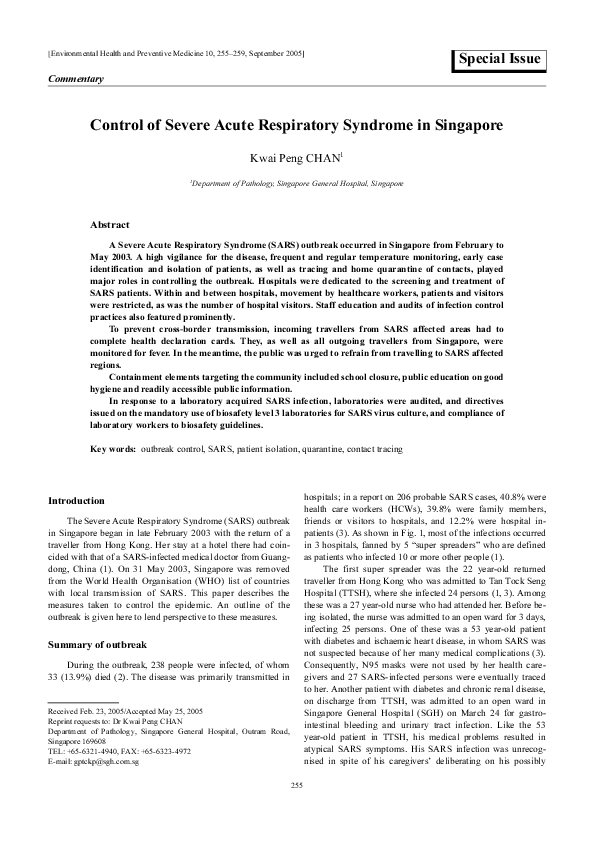 (PDF) Control of Severe Acute Respiratory Syndrome in Singapore