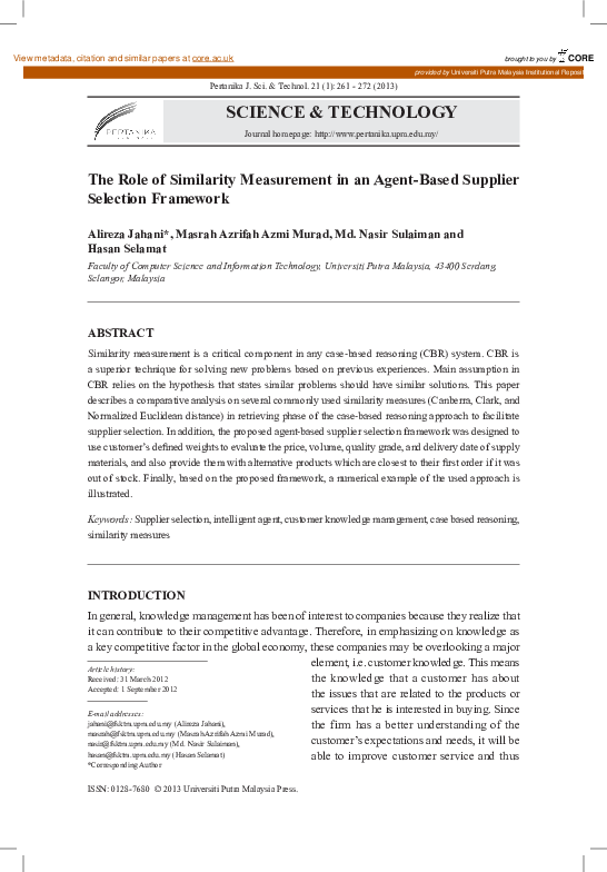 (PDF) The Role of Similarity Measurement in an Agent-Based Supplier ...