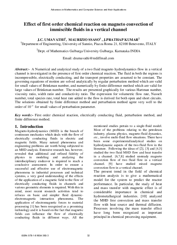 (PDF) Effect of First Order Chemical Reaction on Magneto Convection in ...
