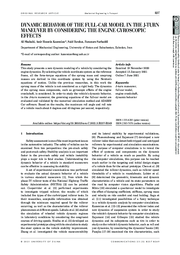 (PDF) Dynamic Behavior of the Full-Car Model in the J-Turn Maneuver by ...
