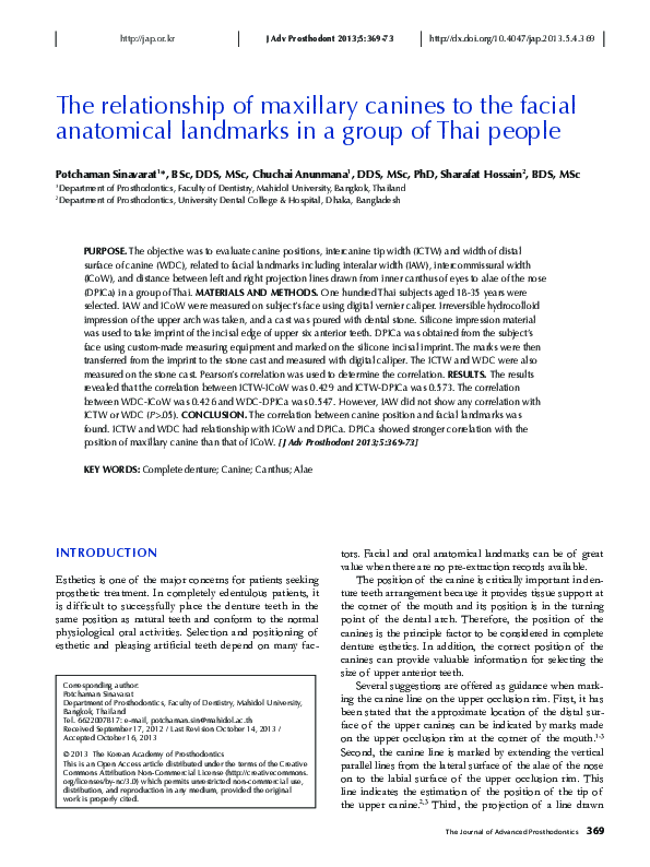 (PDF) The relationship of maxillary canines to the facial anatomical ...